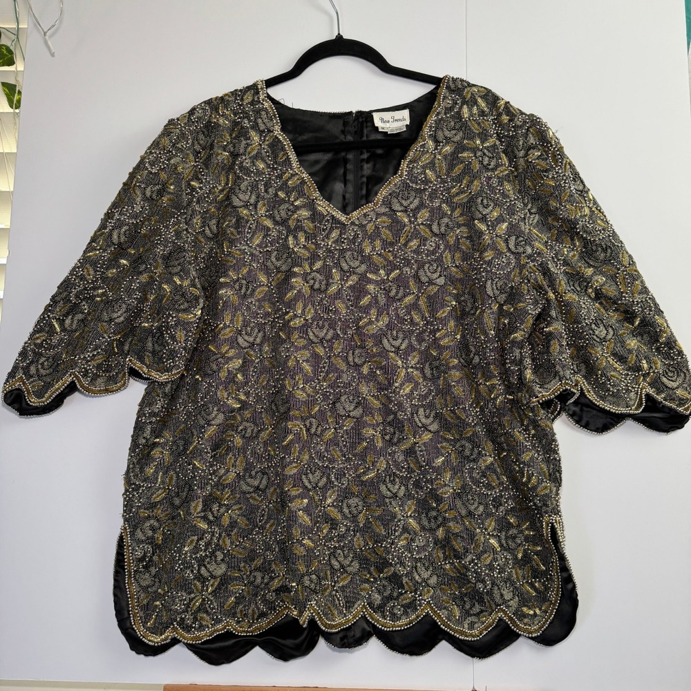 New Trends Vintage Beaded Sequin Blouse Black Gold Silver Scalloped Hem 1X